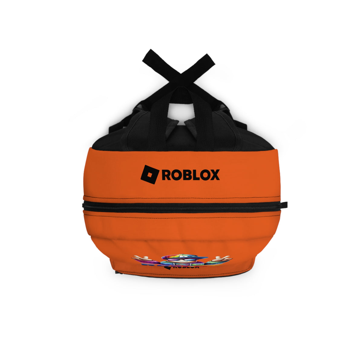 Top view of orange Premium Roblox backpack showing heavy-duty zipper and handle dobermenpremier.com
