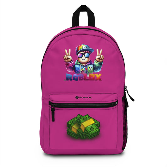 Front view of Premium Roblox school backpack in pink with gaming graphics at dobermenpremier.com