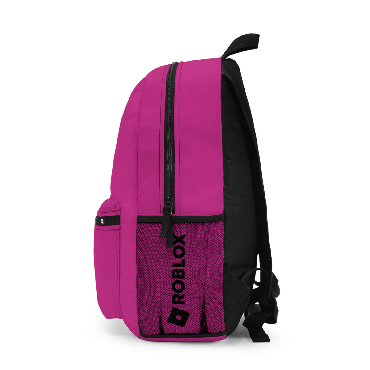 Side view of pink Premium Roblox school bag showing the mesh water bottle pocket and logo dobermenpremier.com