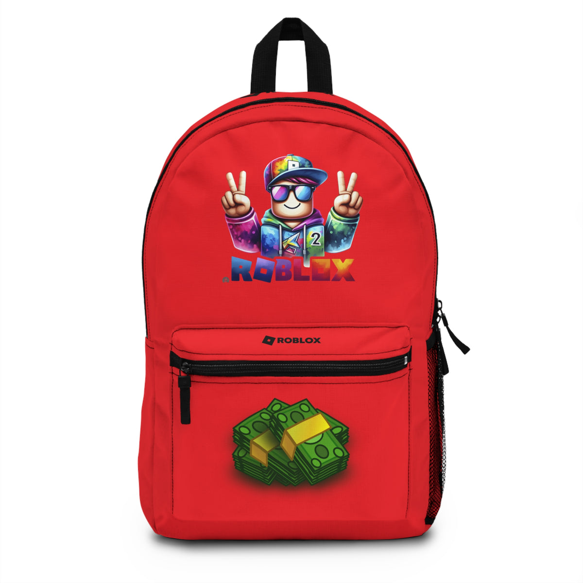Front view of Premium Roblox school backpack in red with gaming graphics at dobermenpremier.com