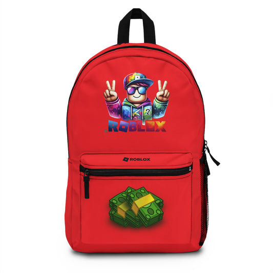 Front view of Premium Roblox school backpack in red with gaming graphics at dobermenpremier.com