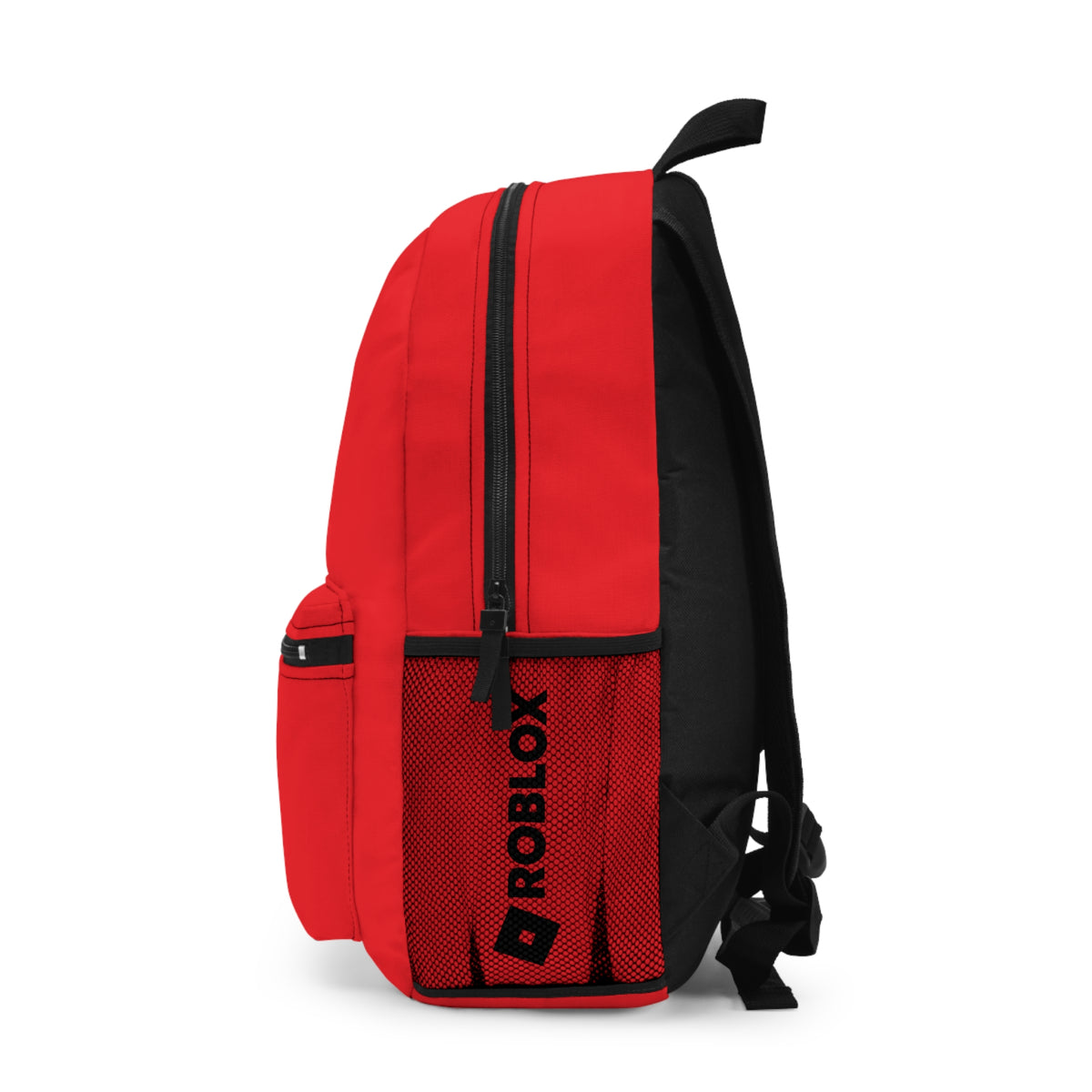 Side view of red Premium Roblox school bag showing the mesh water bottle pocket and logo dobermenpremier.com