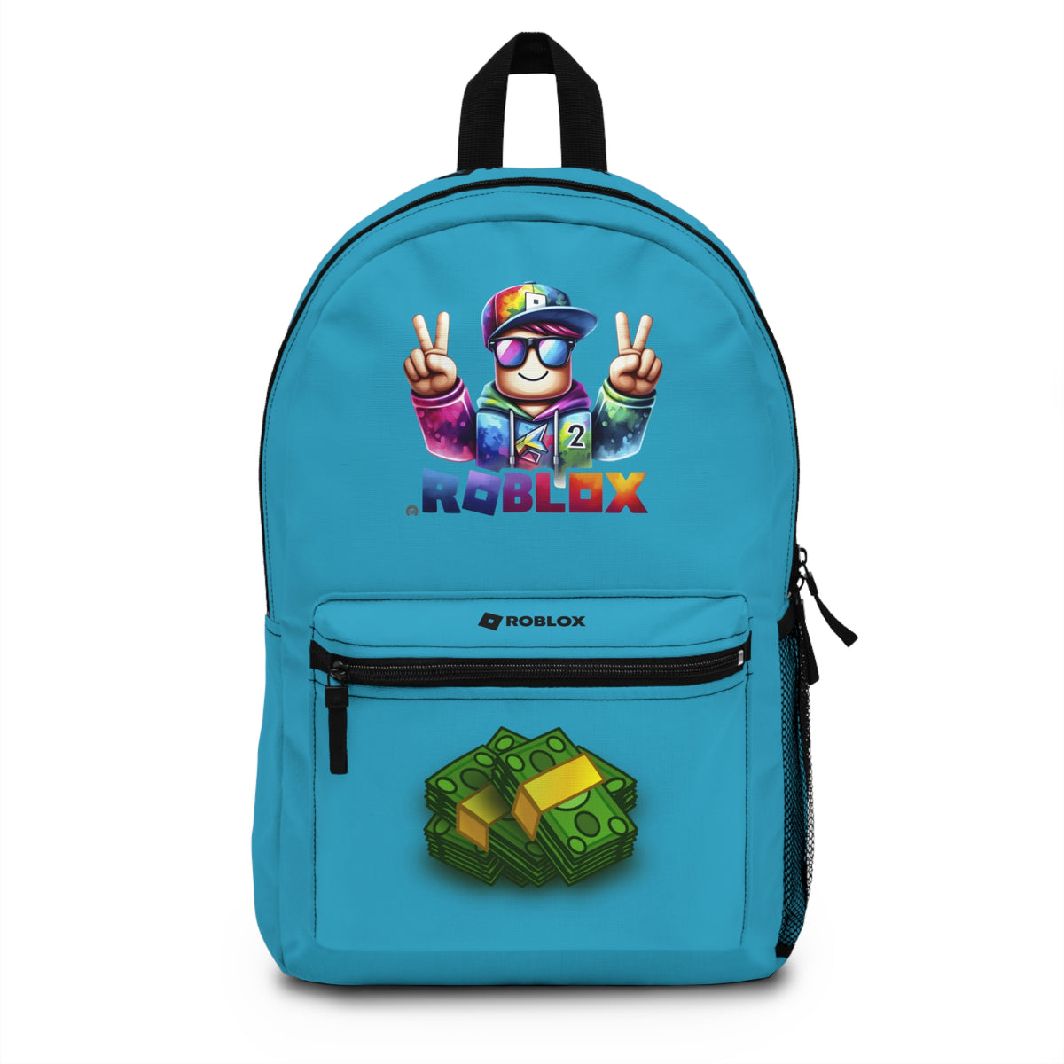 Front view of Premium Roblox school backpack in turquoise with gaming graphics at dobermenpremier.com