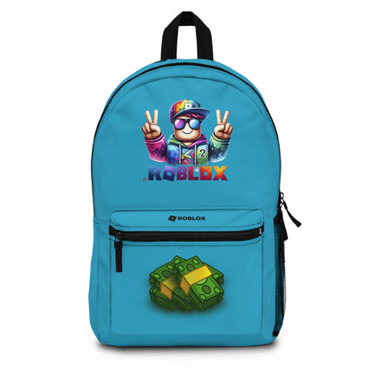 Front view of Premium Roblox school backpack in turquoise with gaming graphics at dobermenpremier.com