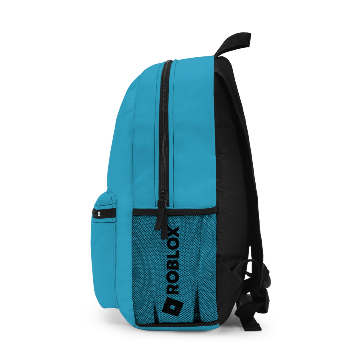 Side view of turquoise Premium Roblox school bag showing the mesh water bottle pocket and logo dobermenpremier.com