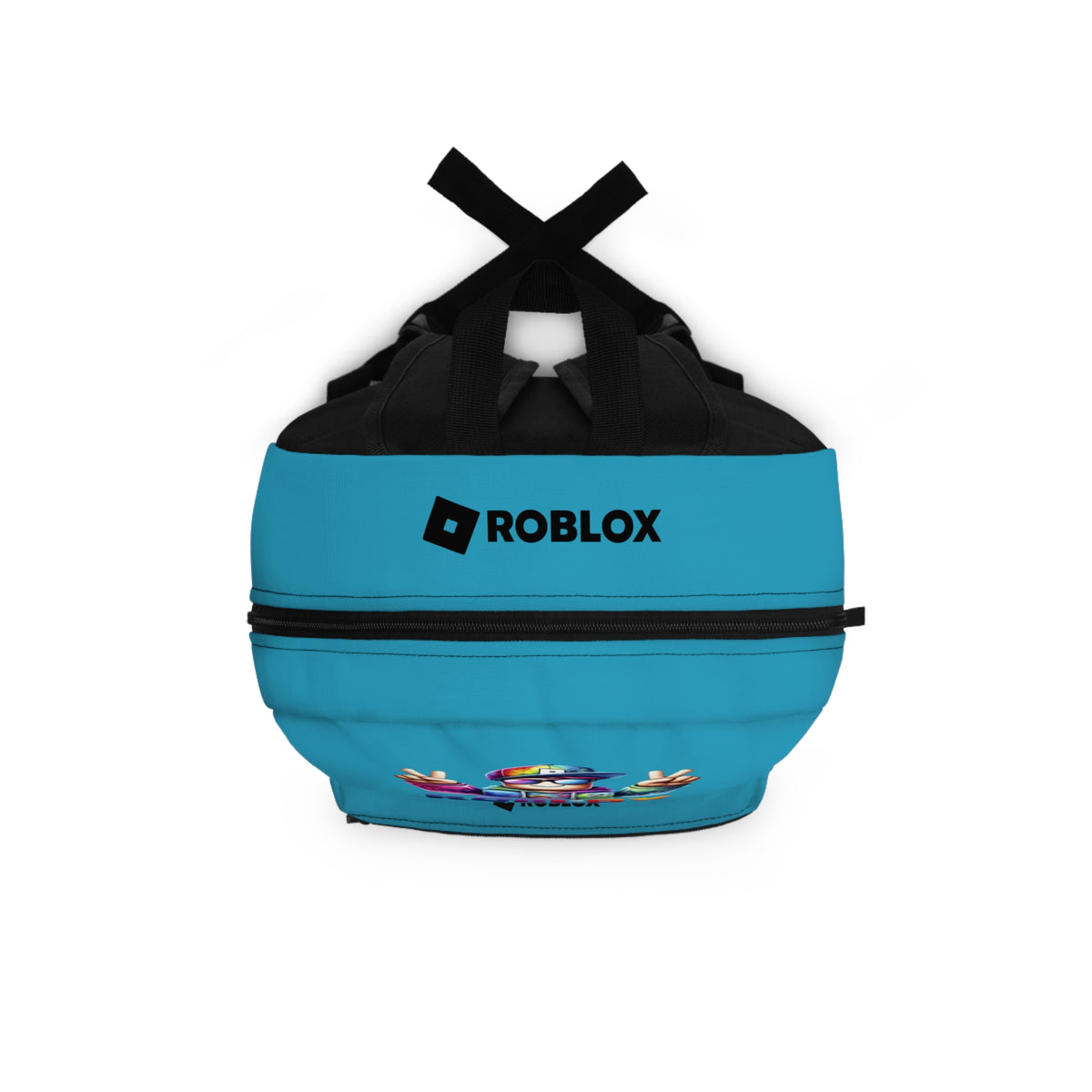 Top view of turquoise Premium Roblox backpack showing heavy-duty zipper and handle dobermenpremier.com