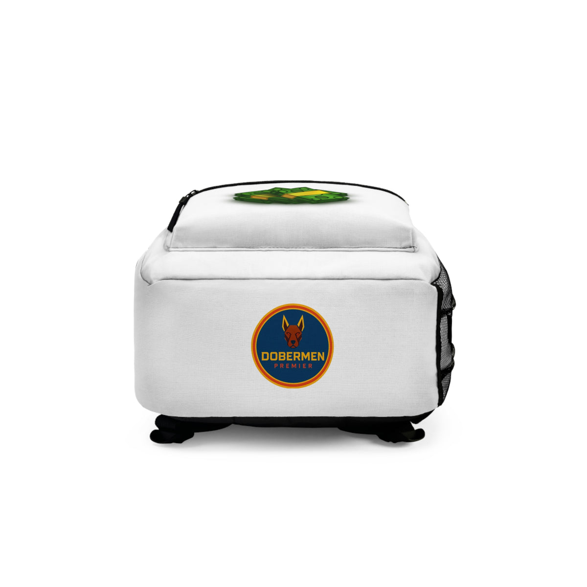 Rear view of white Premium Roblox bag showing padded straps and ergonomic support dobermenpremier.com