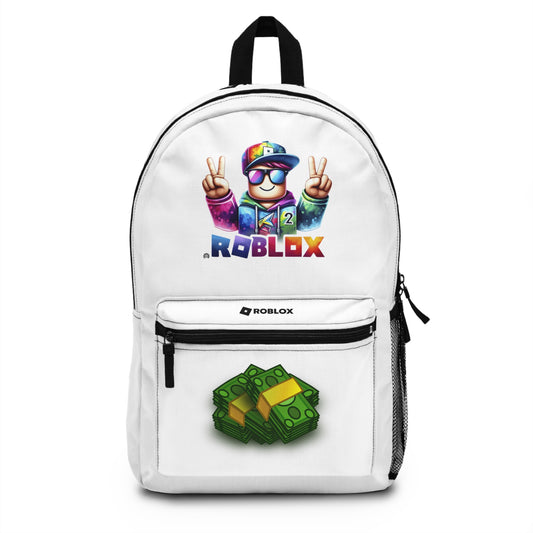 Front view of Premium Roblox school backpack in white with gaming graphics at dobermenpremier.com