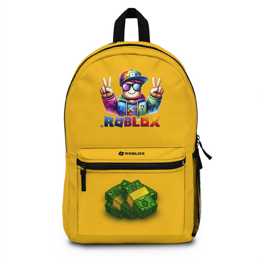 Front view of Premium Roblox school backpack in yellow with gaming graphics at dobermenpremier.com