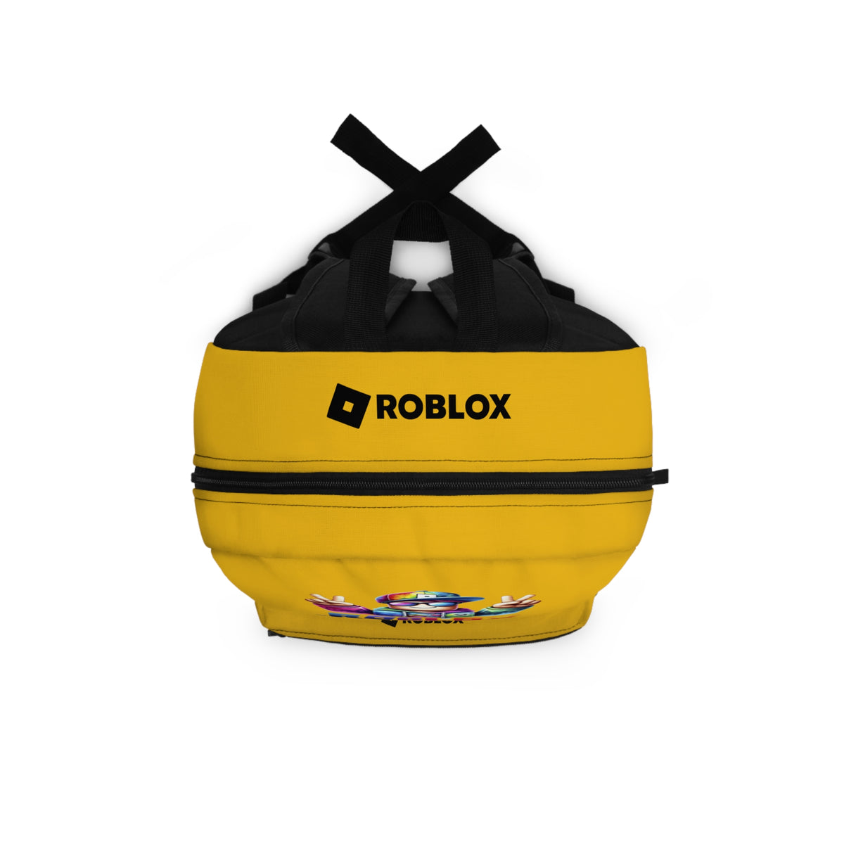 Top view of yellow Premium Roblox backpack showing heavy-duty zipper and handle dobermenpremier.com
