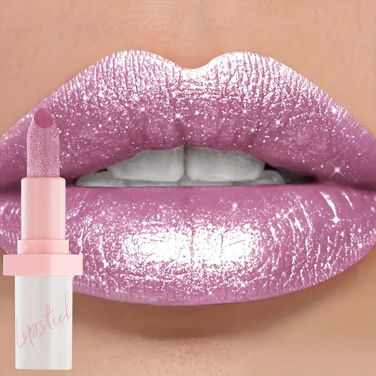 Close-up of lips with a vibrant pink pearlescent glitter finish and the Pudaier lipstick tube.