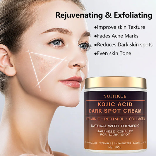 Demonstration of YUITIKUE cream effects showing improved skin texture, faded acne marks, and even skin tone.
