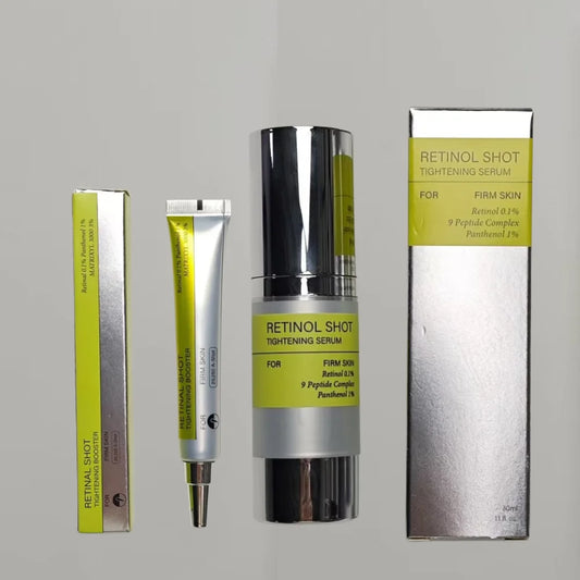 Complete Retinol Shot collection including the 30ml Tightening Serum and the 15ml Tightening Booster in silver packaging.