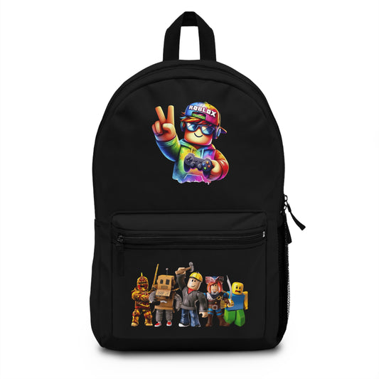 Front view of black personalized Roblox backpack with gamer design at dobermenpremier.com