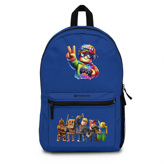 Front view of dark blue personalized Roblox backpack with gamer design at dobermenpremier.com