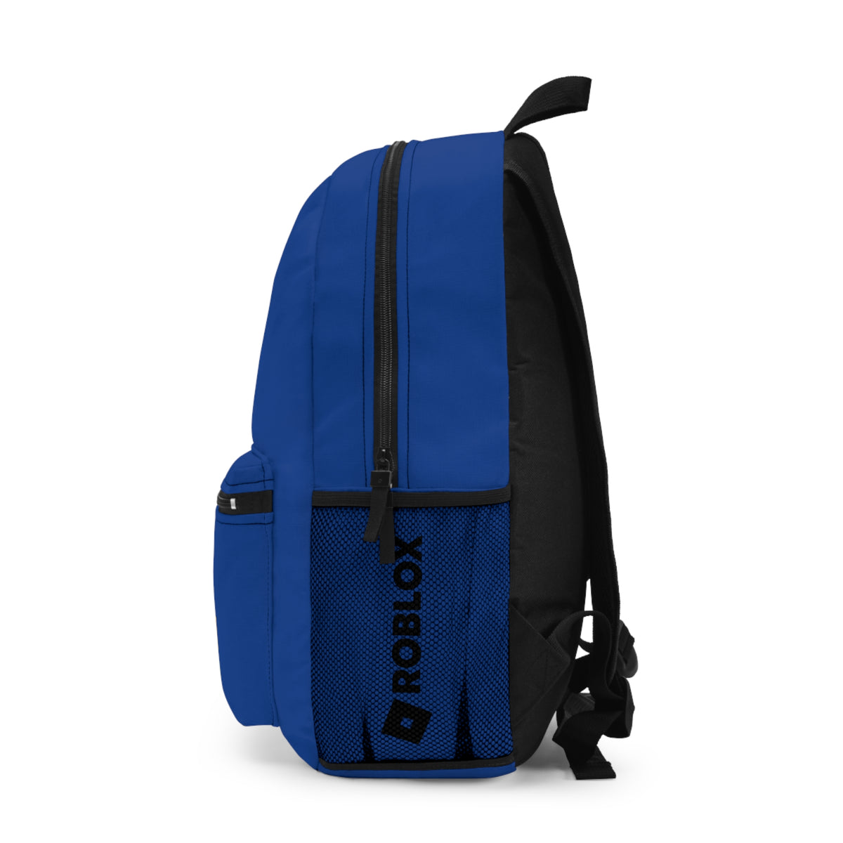 Side view of dark blue Roblox backpack showing mesh pocket and logo at dobermenpremier.com