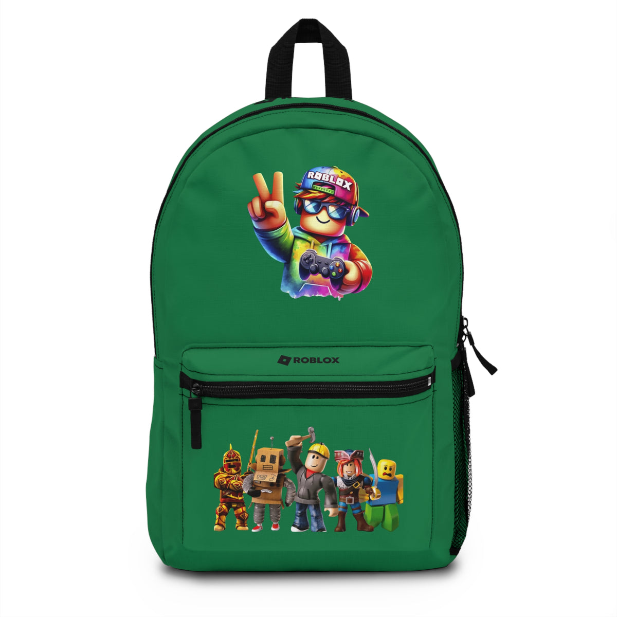 Front view of dark green personalized Roblox backpack with gamer design at dobermenpremier.com