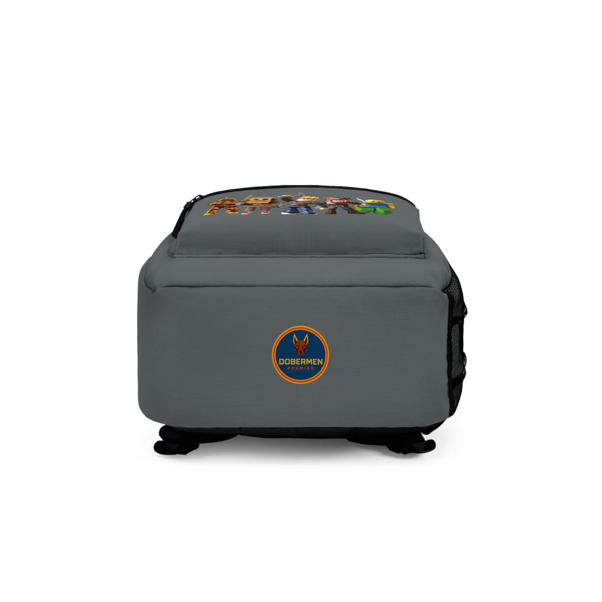 Bottom view of dark grey Roblox backpack with Dobermen Premier logo at dobermenpremier.com