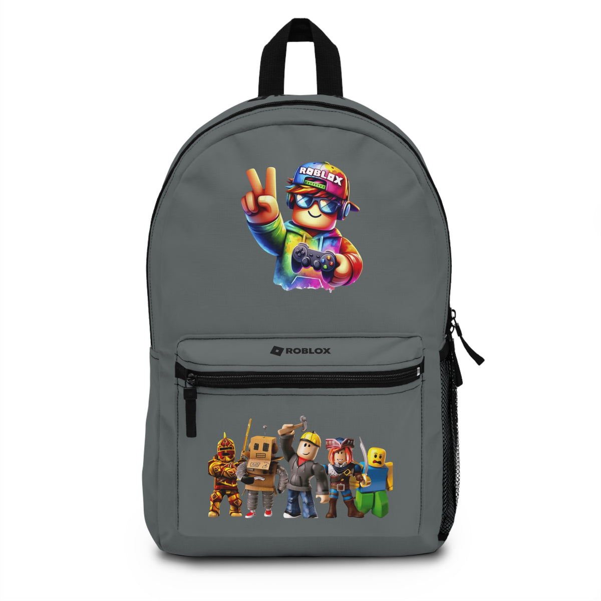 Front view of dark grey personalized Roblox backpack with gamer design at dobermenpremier.com