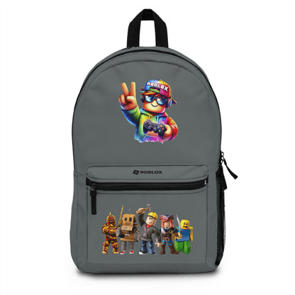 Front view of dark grey personalized Roblox backpack with gamer design at dobermenpremier.com