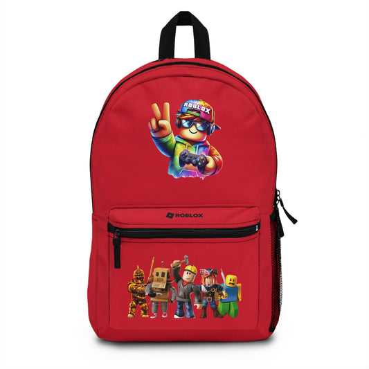 Front view of dark red personalized Roblox backpack with gamer design at dobermenpremier.com