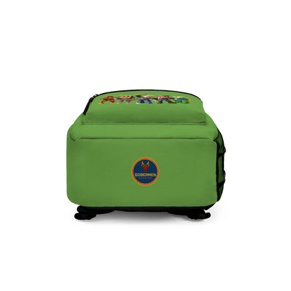 Bottom view of green Roblox backpack with Dobermen Premier logo at dobermenpremier.com