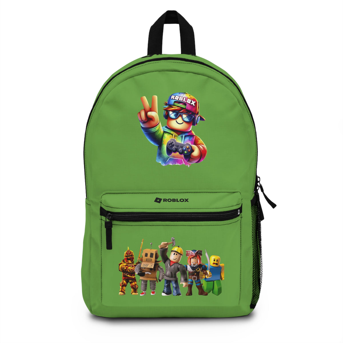 Front view of green personalized Roblox backpack with gamer design at dobermenpremier.com