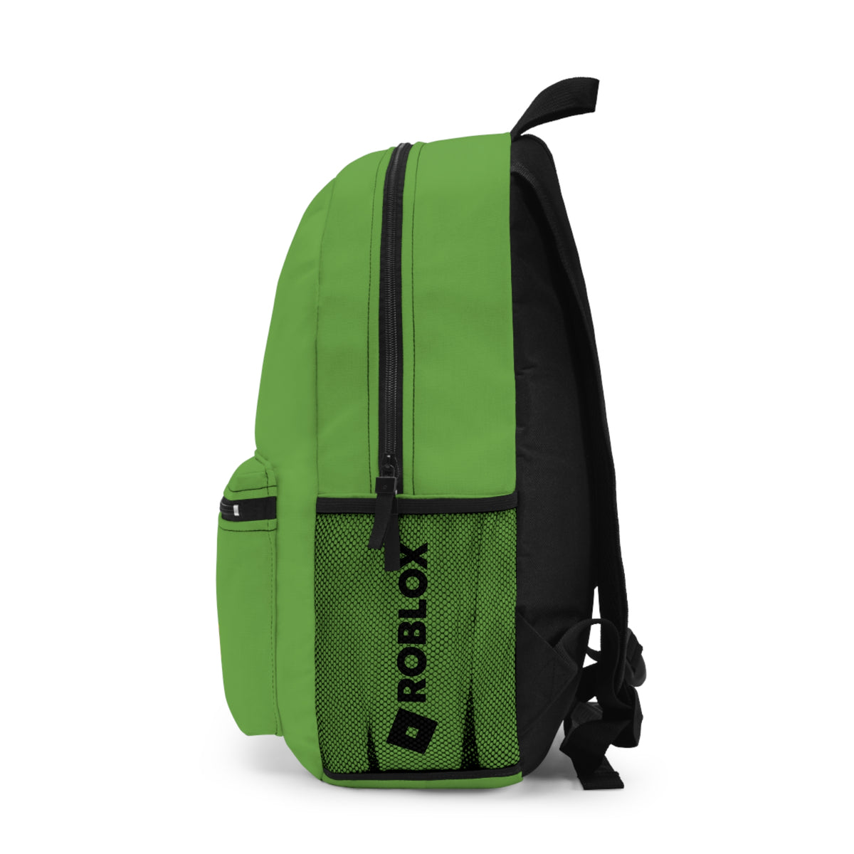 Side view of green Roblox backpack showing mesh pocket and logo at dobermenpremier.com