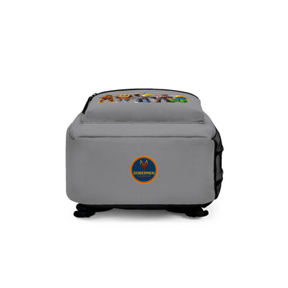 Bottom view of grey Roblox backpack with Dobermen Premier logo at dobermenpremier.com