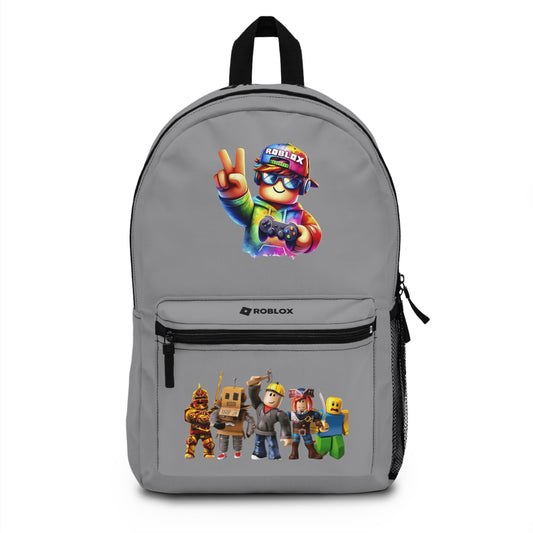 Front view of grey personalized Roblox backpack with gamer design at dobermenpremier.com