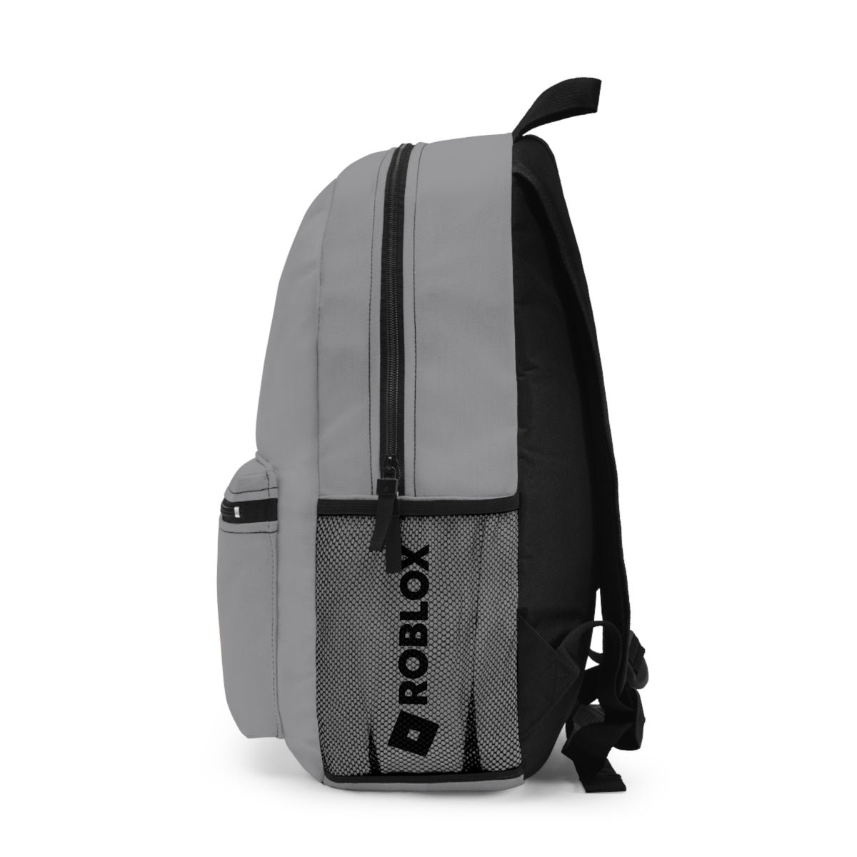 Side view of grey Roblox backpack showing mesh pocket and logo at dobermenpremier.com