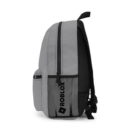 Side view of grey Roblox backpack showing mesh pocket and logo at dobermenpremier.com