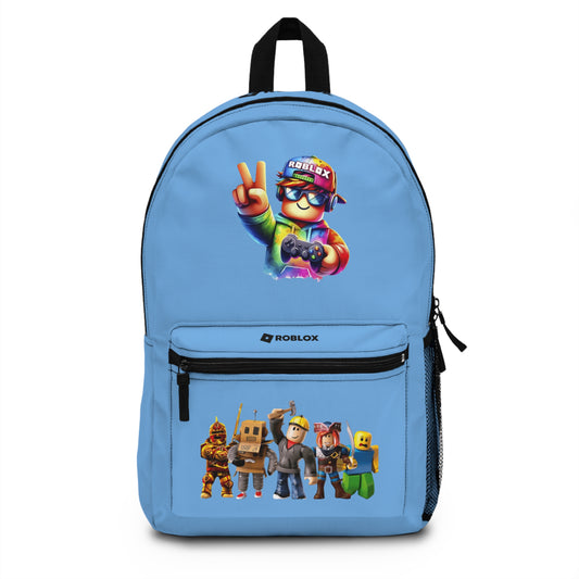 Front view of light blue personalized Roblox backpack with gamer design at dobermenpremier.com