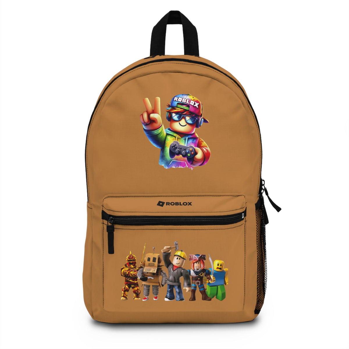 Front view of light brown personalized Roblox backpack with gamer design at dobermenpremier.com
