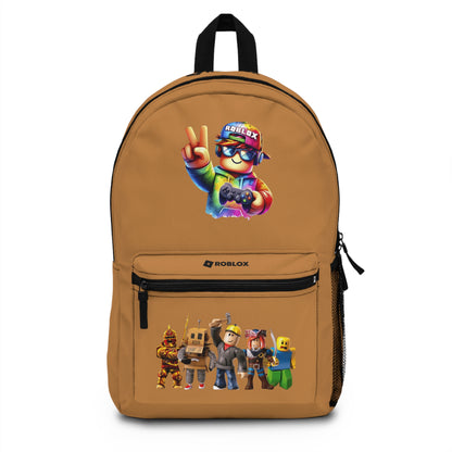 Front view of light brown personalized Roblox backpack with gamer design at dobermenpremier.com