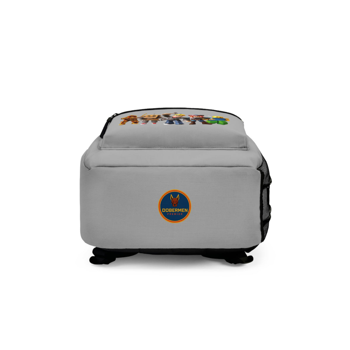 Bottom view of light grey Roblox backpack with Dobermen Premier logo at dobermenpremier.com