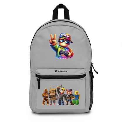 Front view of light grey personalized Roblox backpack with gamer design at dobermenpremier.com