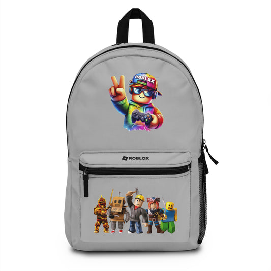 Front view of light grey personalized Roblox backpack with gamer design at dobermenpremier.com