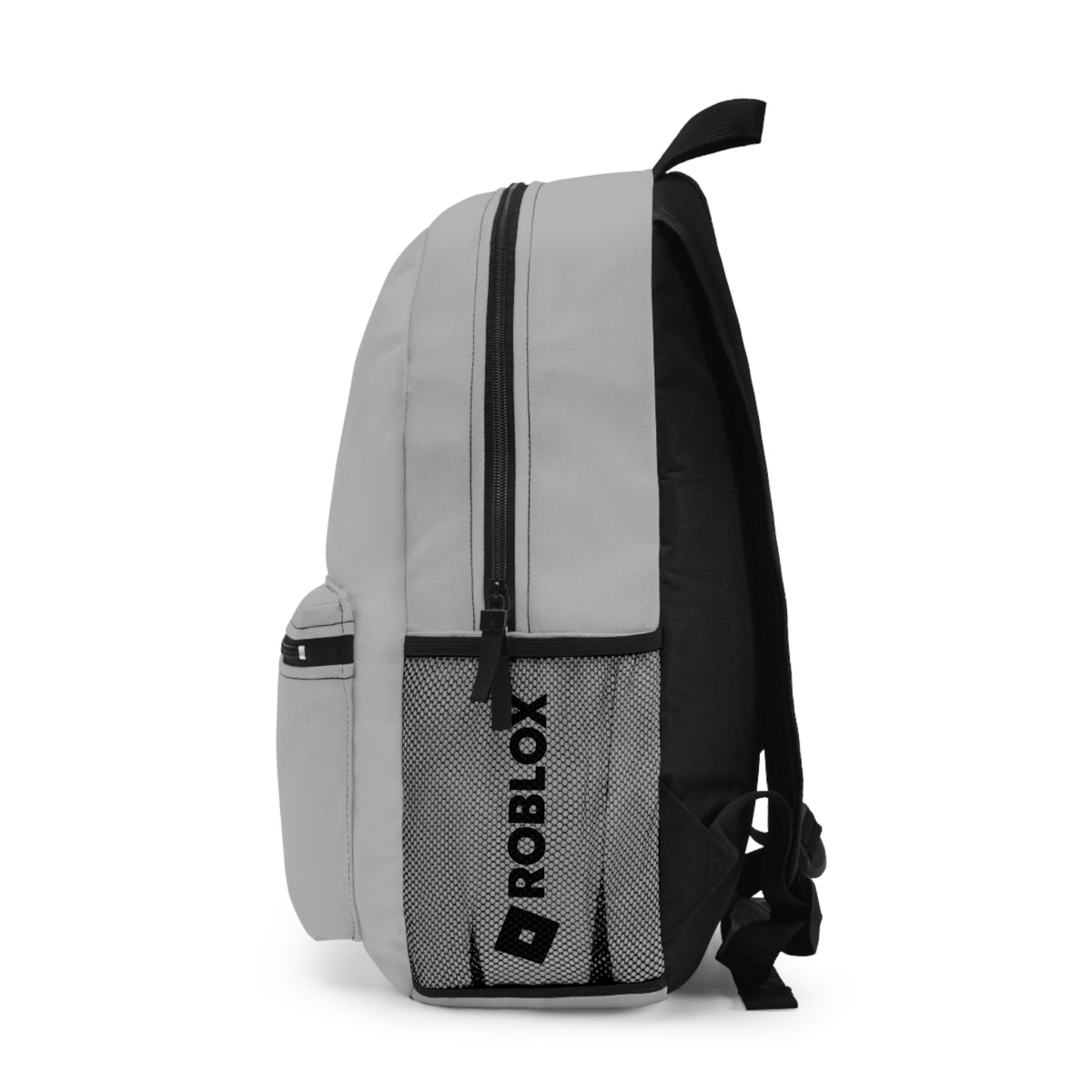 Side view of light grey Roblox backpack showing mesh pocket and logo at dobermenpremier.com