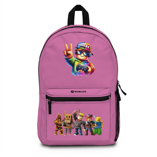 Front view of light pink personalized Roblox backpack with gamer design at dobermenpremier.com