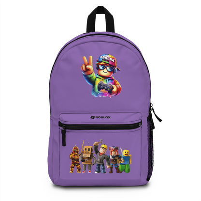 Front view of light purple personalized Roblox backpack with gamer design at dobermenpremier.com