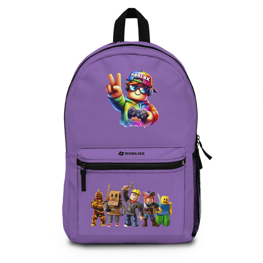 Front view of light purple personalized Roblox backpack with gamer design at dobermenpremier.com