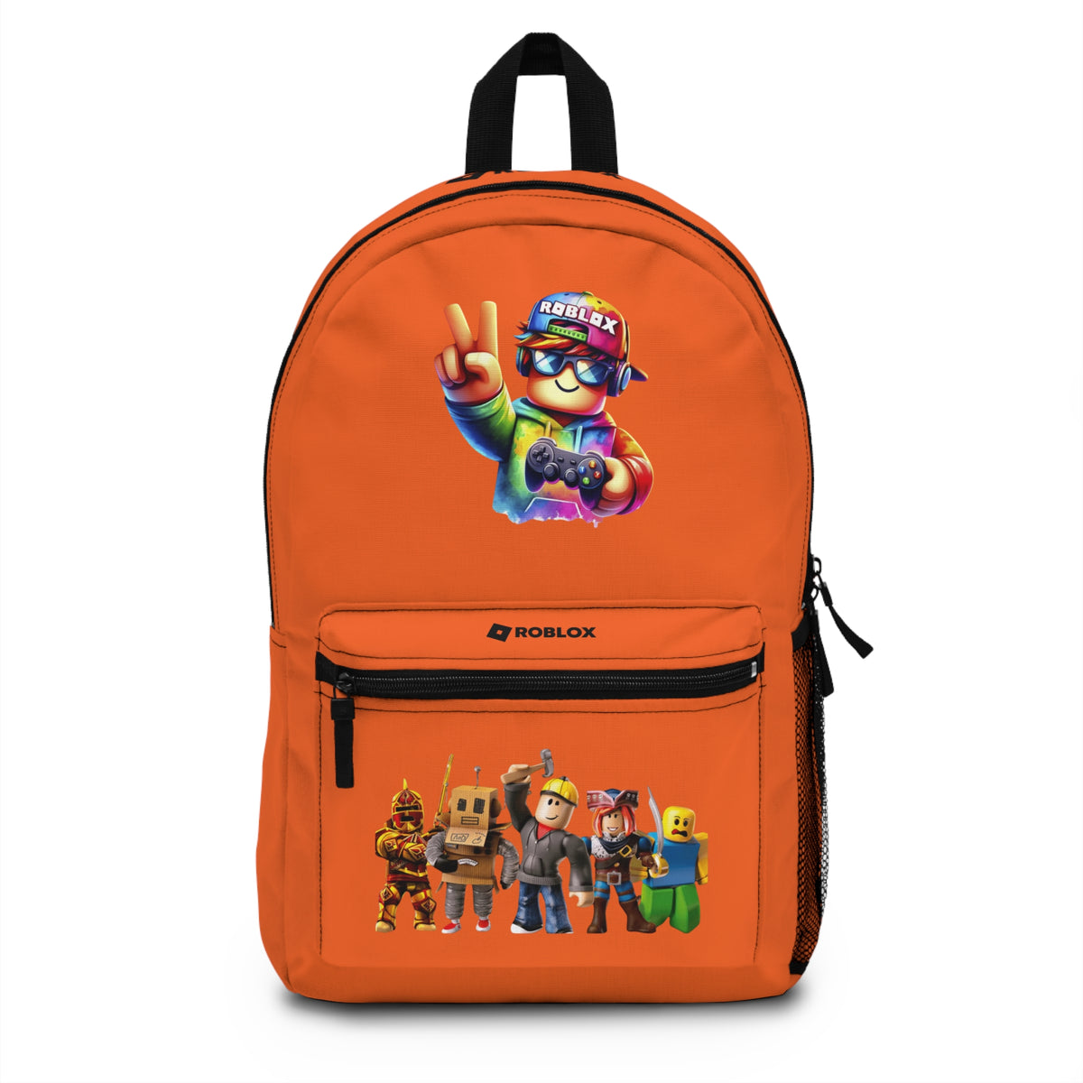 Front view of orange personalized Roblox backpack with gamer design at dobermenpremier.com