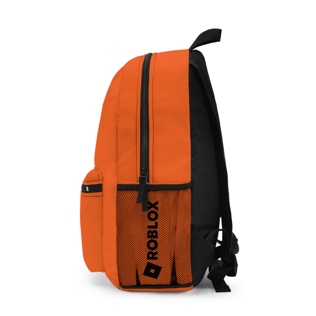 Side view of orange Roblox backpack showing mesh pocket and logo at dobermenpremier.com
