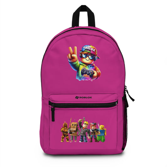 Front view of pink personalized Roblox backpack with gamer design at dobermenpremier.com