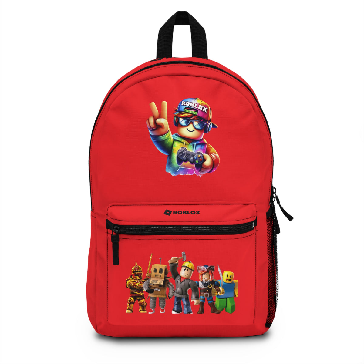 Front view of red personalized Roblox backpack with gamer design at dobermenpremier.com