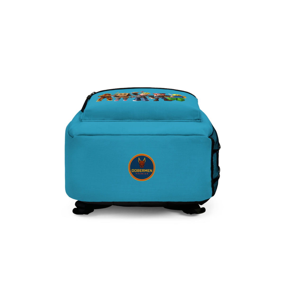 Bottom view of turquoise Roblox backpack with Dobermen Premier logo at dobermenpremier.com