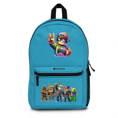 Front view of turquoise personalized Roblox backpack with gamer design at dobermenpremier.com