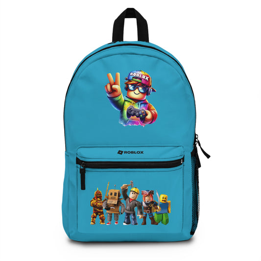 Front view of turquoise personalized Roblox backpack with gamer design at dobermenpremier.com