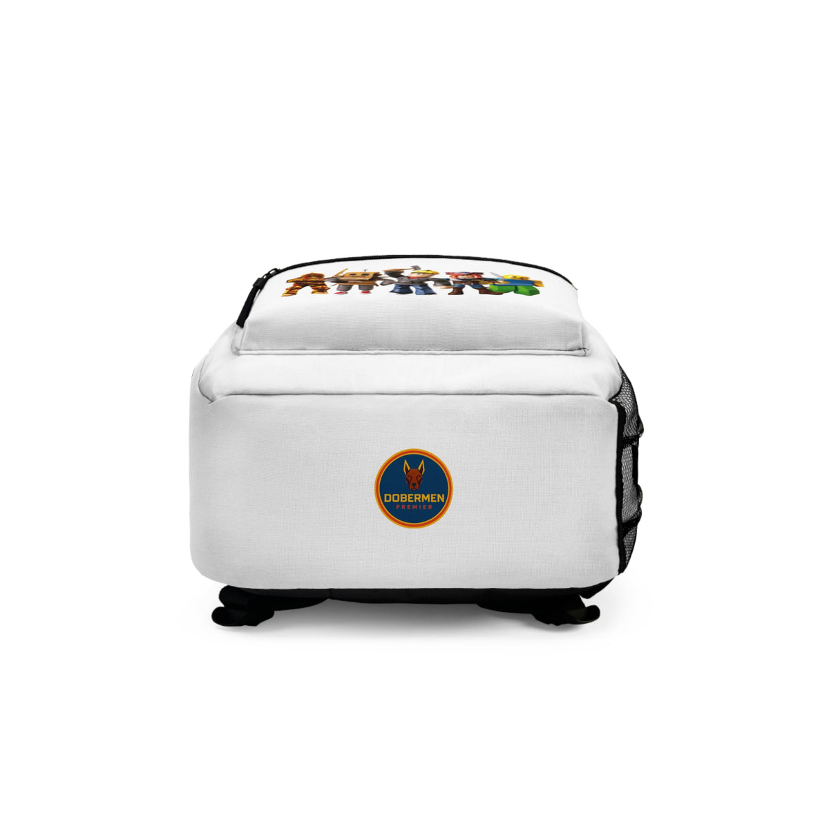Bottom view of white Roblox backpack with Dobermen Premier logo at dobermenpremier.com